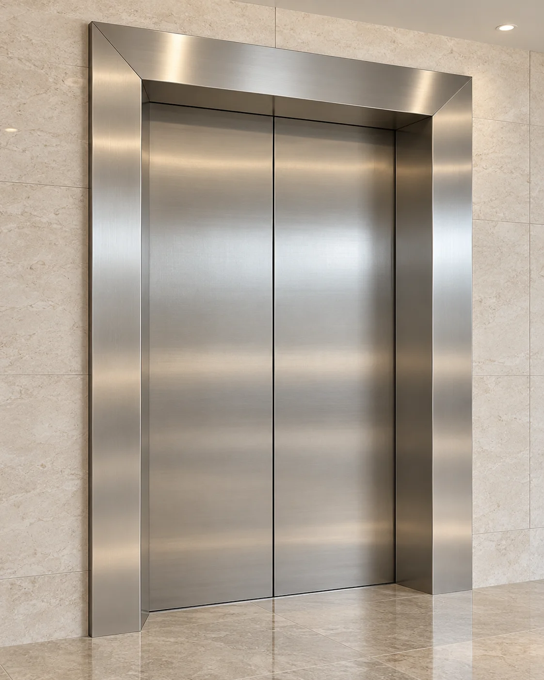 Vizual conceptual: ancadrament din inox satinat pentru ușă de lift