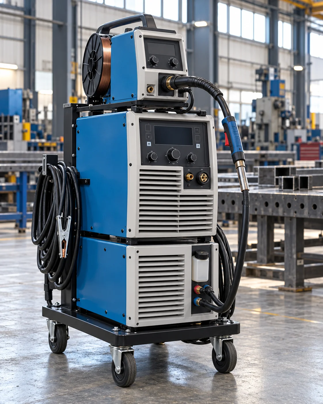 Vizual conceptual: sistem industrial modular de sudură albastru și gri, pe roți, într-o hală metalică