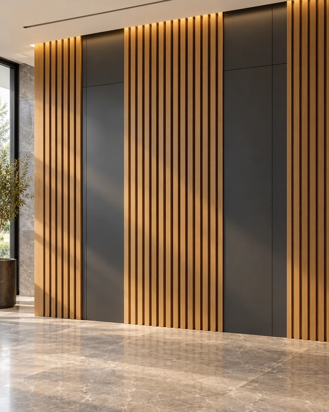 Vizual conceptual: panouri decorative antracit și riflaje verticale într-un hol modern