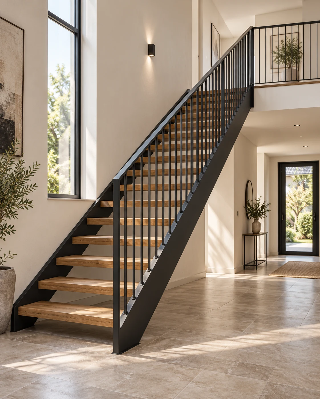 Vizual conceptual: scară interioară cu structură metalică antracit și trepte din lemn